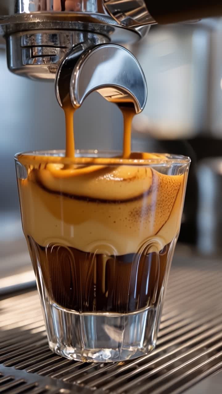 Ricco espresso che gocciola lentamente in un bicchiere, creando un bellissimo effetto a strati con panna ricca e cioccolato fondente, catturando l'essenza dell'esperienza del caffè gourmet