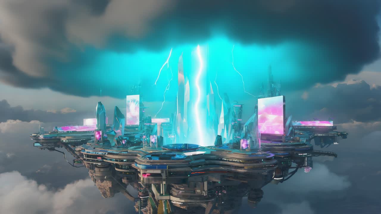 Futuristic Floating City with Lightning