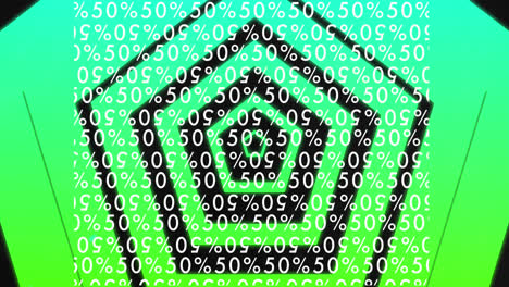 animation of rotating pentagons and 50 percent off text on green background