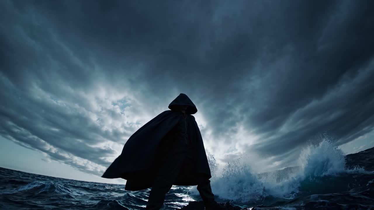 Dramatic low-angle shot of a cloaked figure against a stormy sky, evoking a mysterious, cinematic
