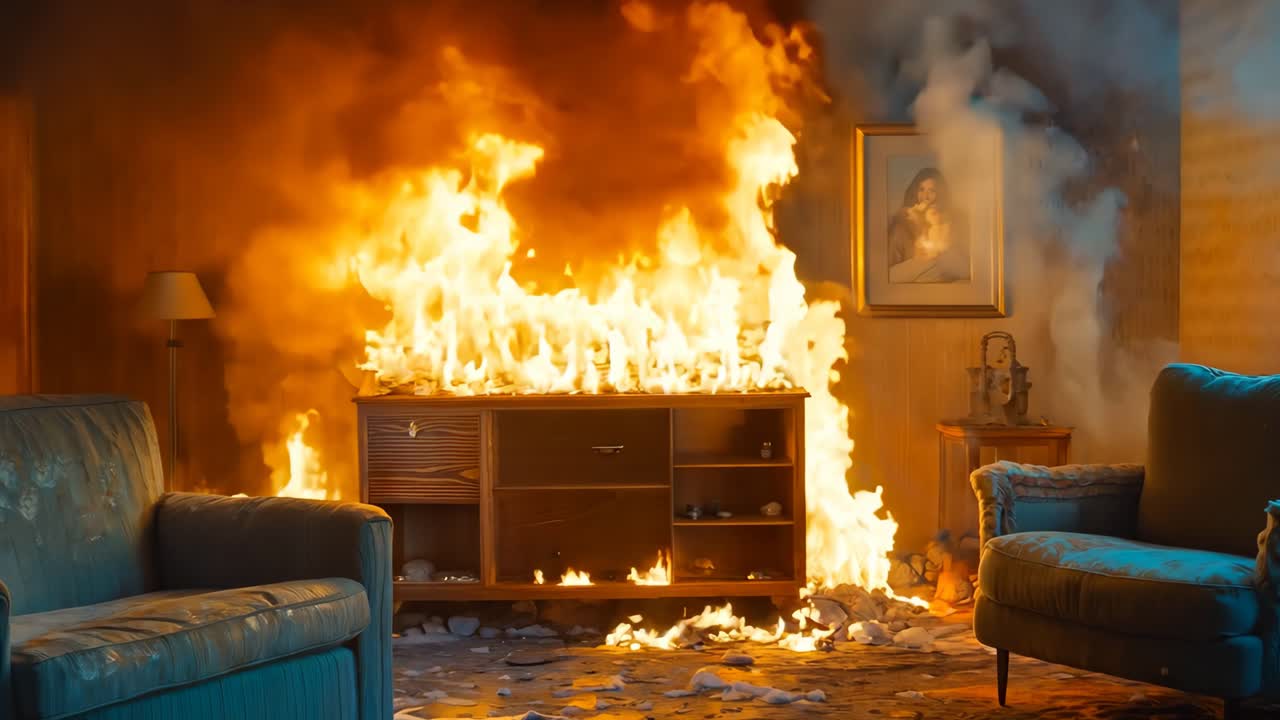 un soggiorno con due divani blu e un fuoco al centro