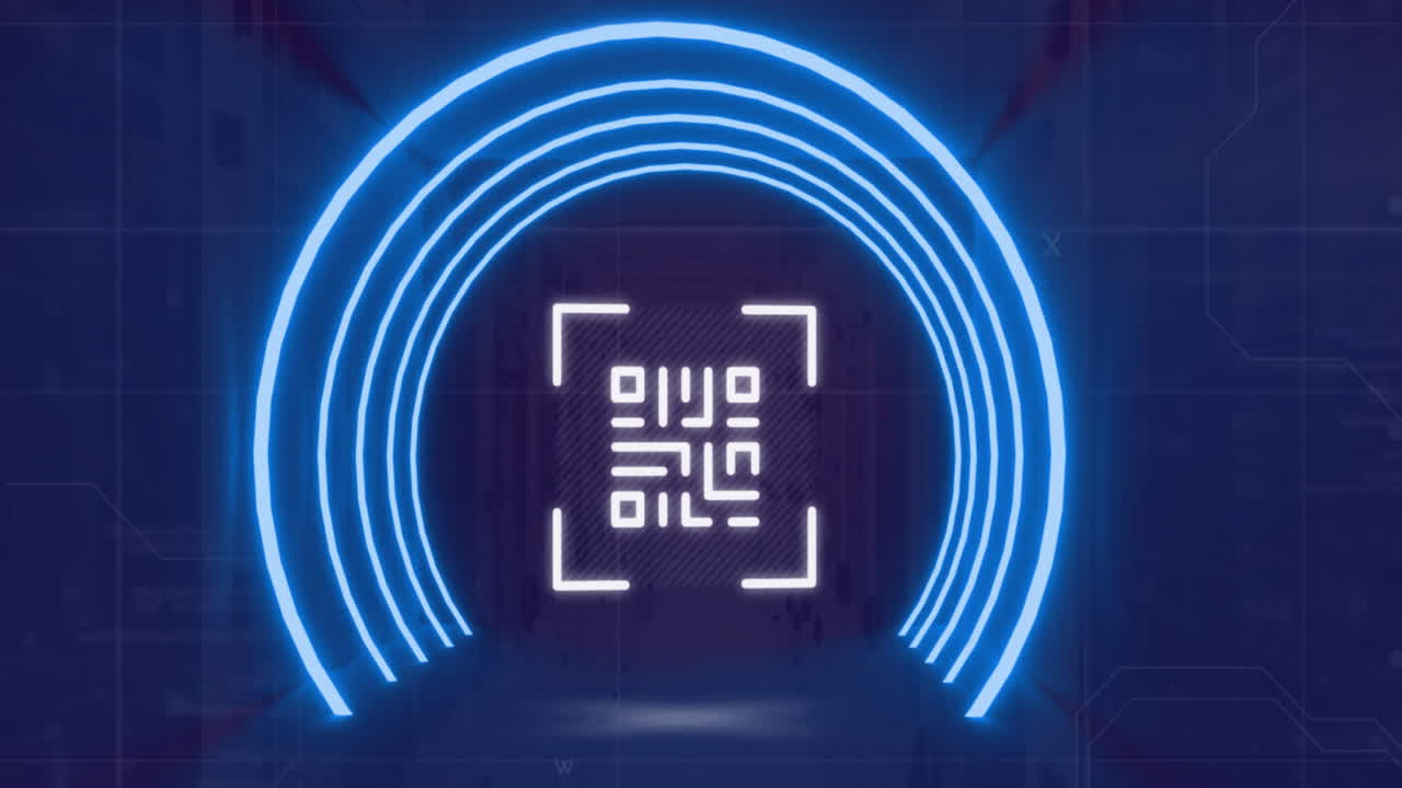 Animation of neon circles and qr code over server room