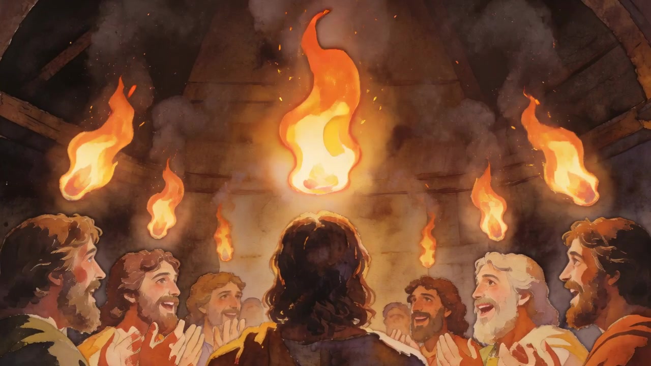 Seeing flames appearing above heads, robed leader and men raising hands in stone chamber in worship