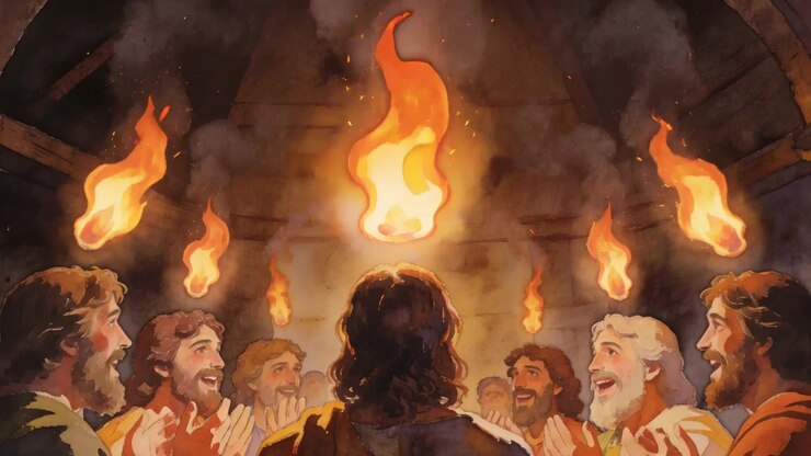 Seeing flames appearing above heads, robed leader and men raising hands in stone chamber in worship