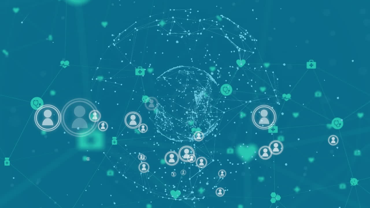 파란색 배경에 대한 연결 네트워크의 여러 프로필 아이콘과 글로브의 애니메이션