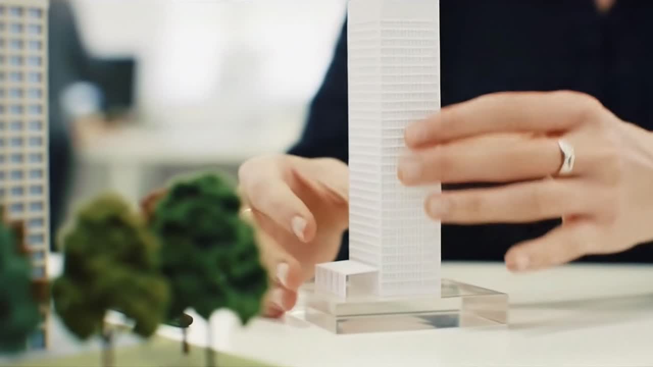 Architect Placing a Skyscraper Model into a Miniature City Layout