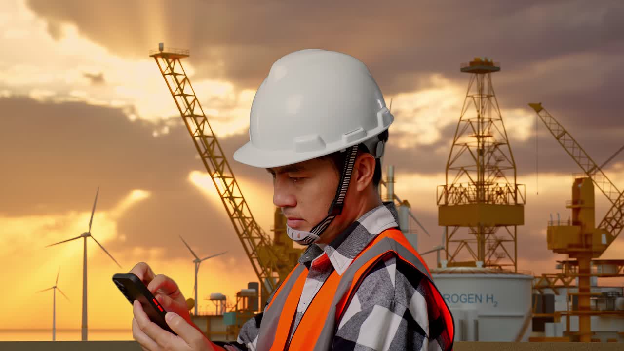 Engineer Working on Oil Rig at Sunset