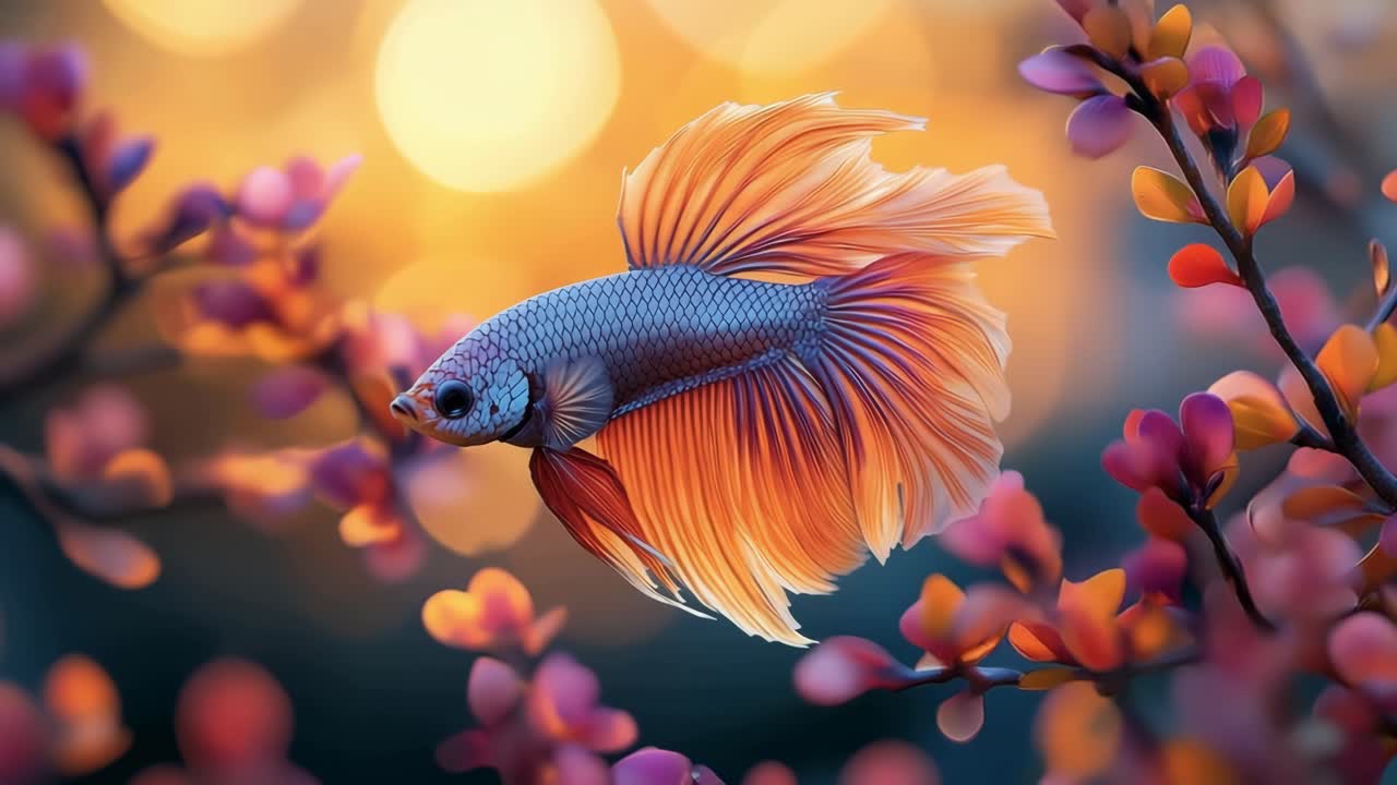 Vibrant fish with bright flowers. A bright betta fish glides through delicate pink flowers as sunlight creates a warm glow in the background.