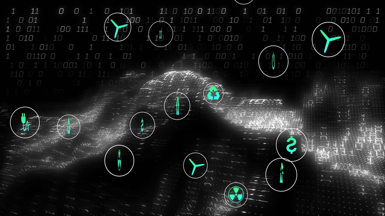 Animation of binary code and environmental icons illustrating data and sustainability in school