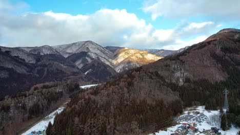 Japanese-mountains-of-Yamanouchi,-sunset-aerial-of-rural-outdoor-Japan