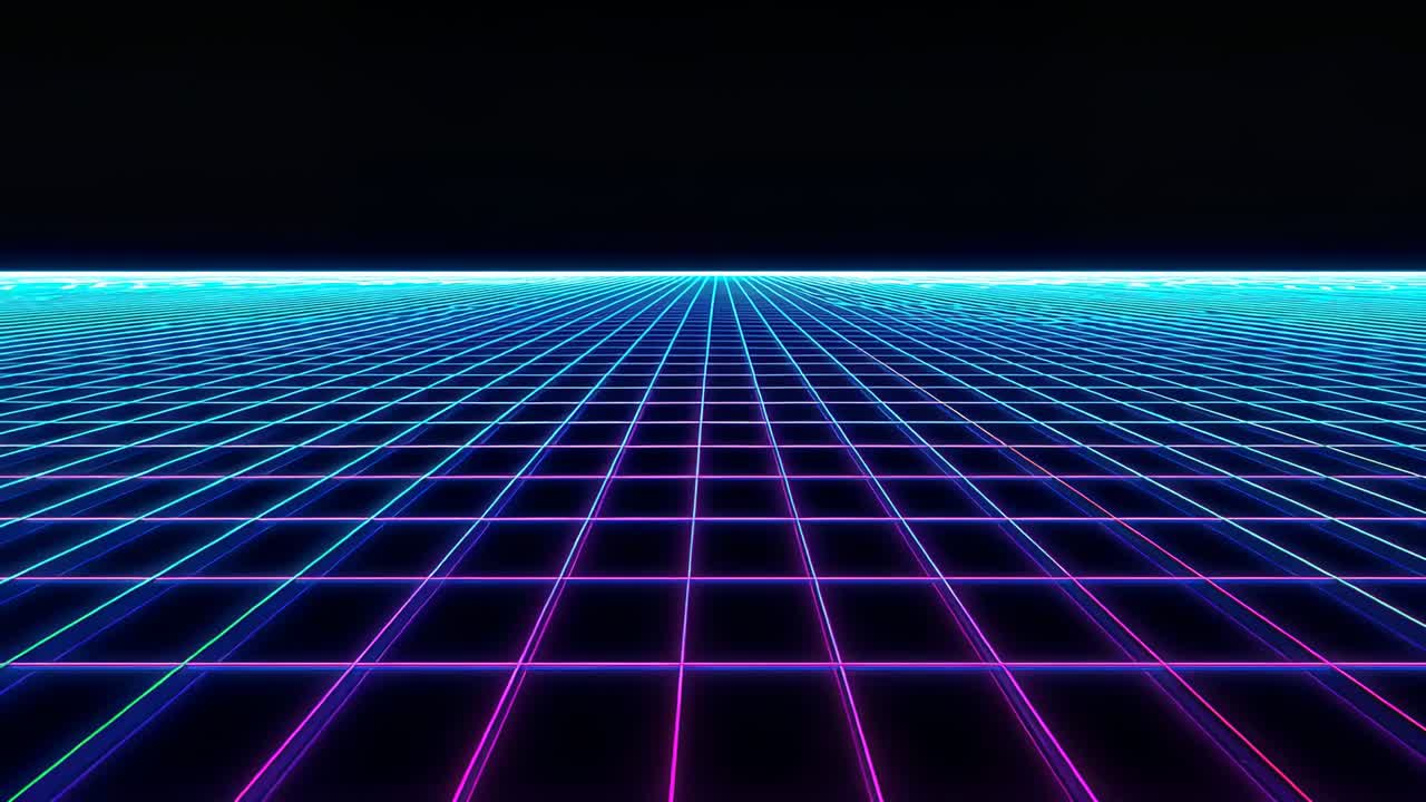 Griglia al neon pulsante che luccica fino al punto di fuga su sfondo semplice retrò, orizzonte ciano, cielo vuoto e scuro