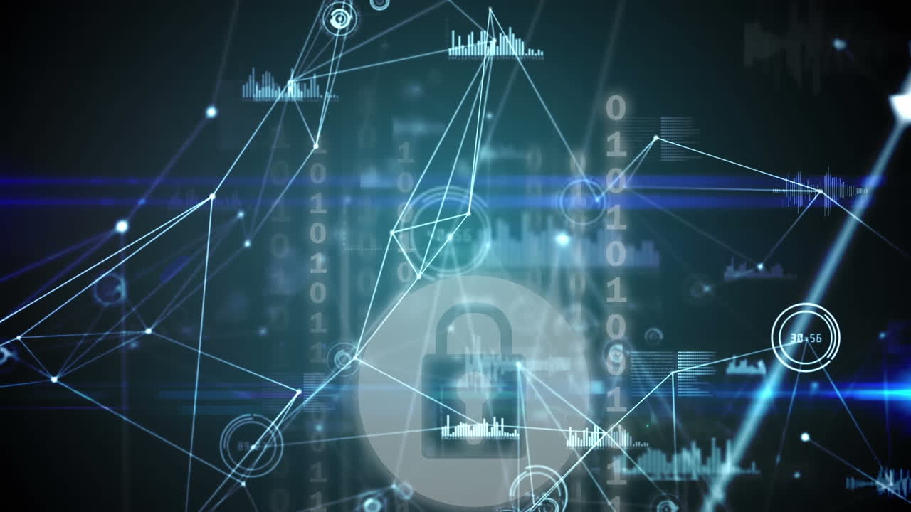 Digital animation of network of connections over security padlock icon on green background