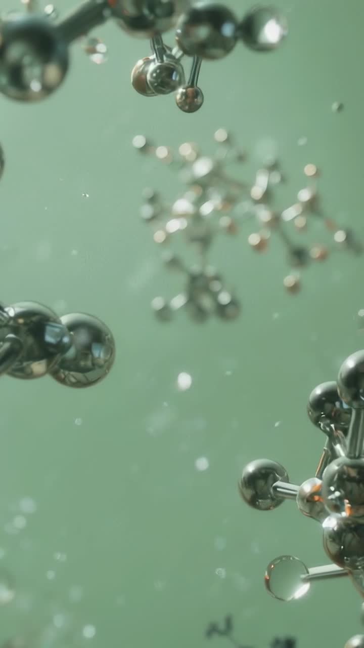 Vertical video: Scene opening reflective clusters drifting in green backdrop, sparkling particles