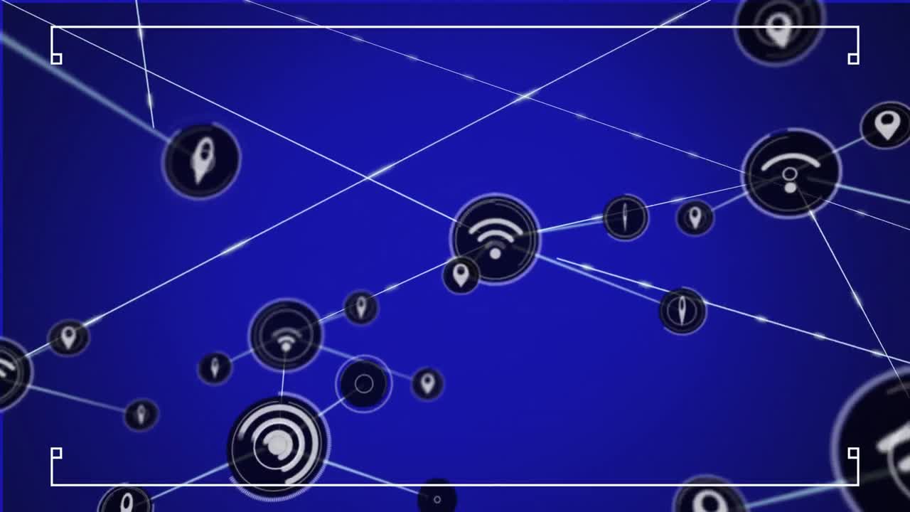 Digital animation of network of digital icons against blue background