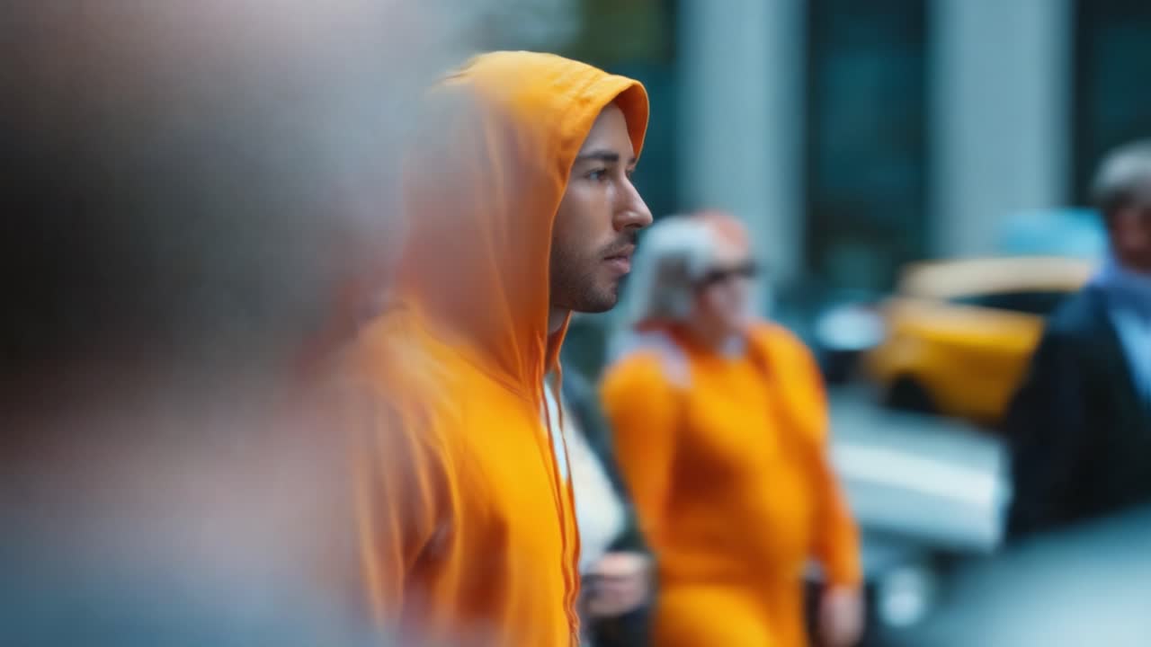 A Pensive Individual in an Orange Hoodie Strolling Through a Busy Urban Street Amidst a Blur of Passersby in a Dynamic City Environment