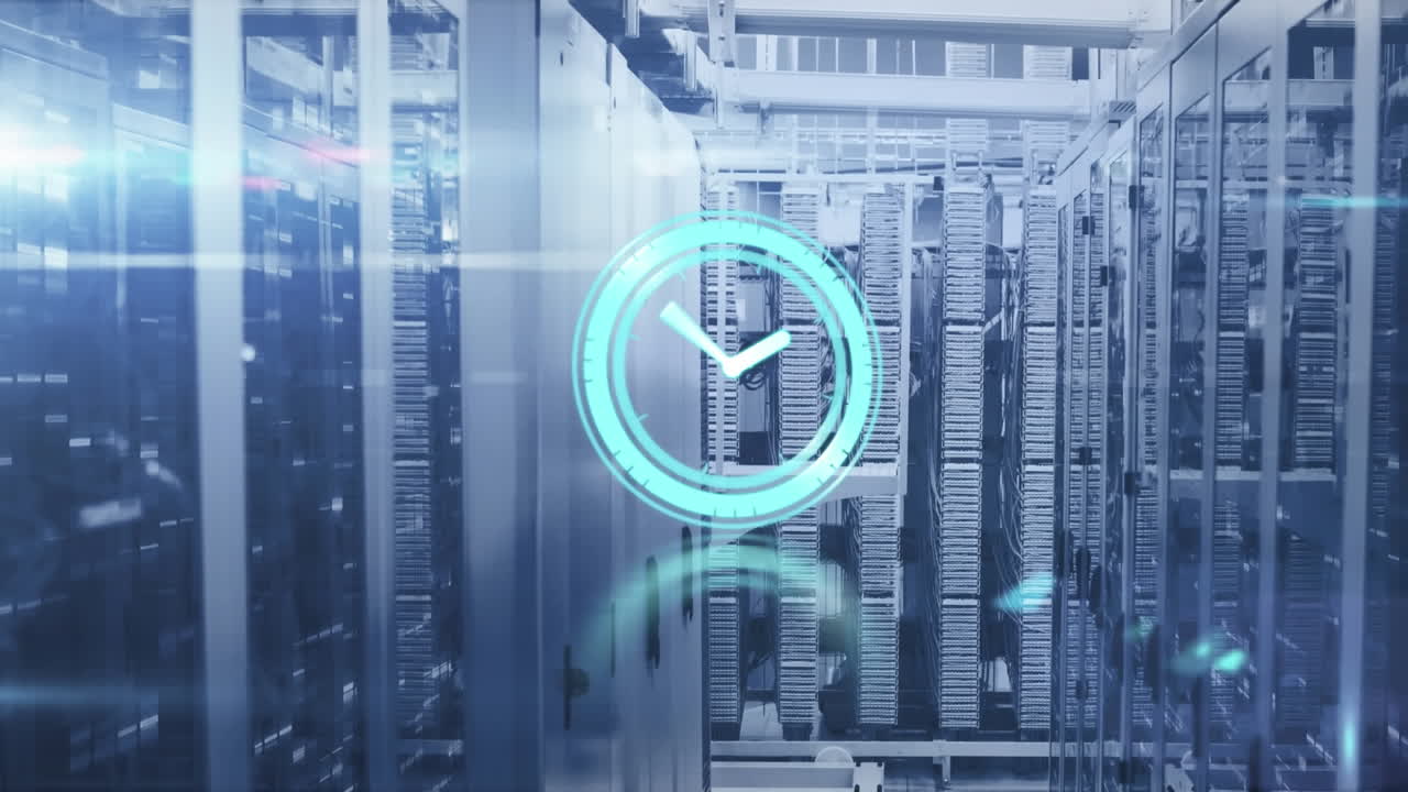 Animation of neon ticking clock, light spot and mosaic squares against computer server room