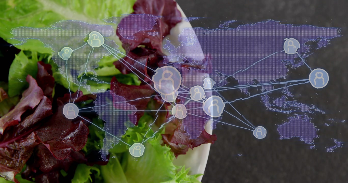 Map overlay fading in, nodes pulsing and extending lines, aligning above bowl to show global supply