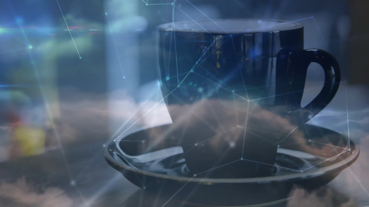 dark coffee cup sitting on wooden table, glowing digital network lines connecting with laptop keys