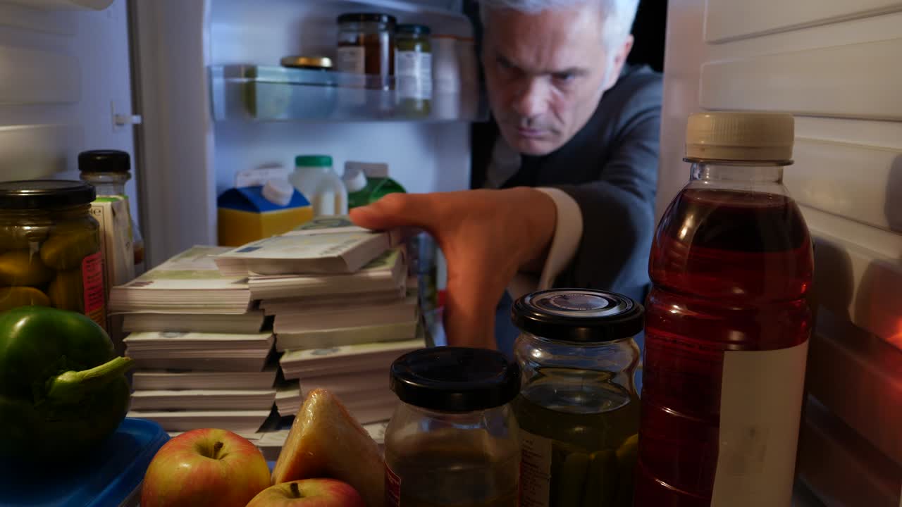 un hombre pobre sacando pilas de euros de un refrigerador