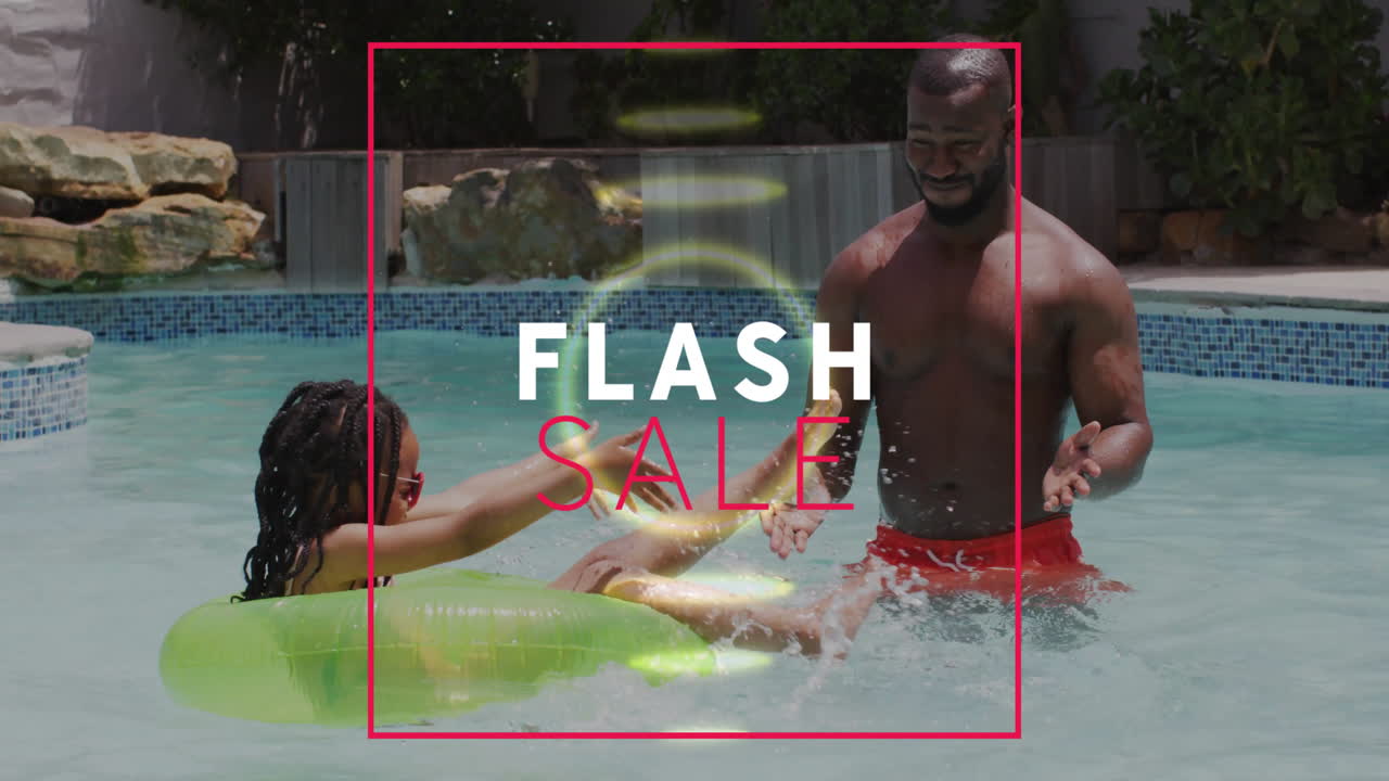 In pool, man with child on float, animation of Flash Sale text overlay
