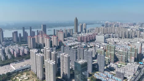 aerial scenery of city scenery modern office business building financial center tall buildings skyscrapers real estate, residential apartment home near river and bridge