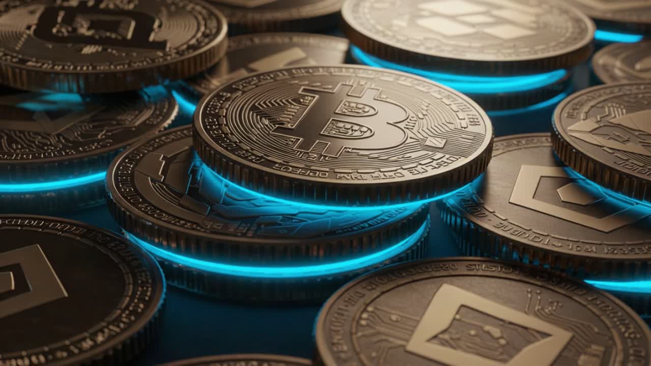 A Glimpse into the Digital Currency Universe: This Image Captures the Intricate Design of Cryptocurrency Coins with Blue Glowing Accents, Symbolizing a New Era in Financial Transactions