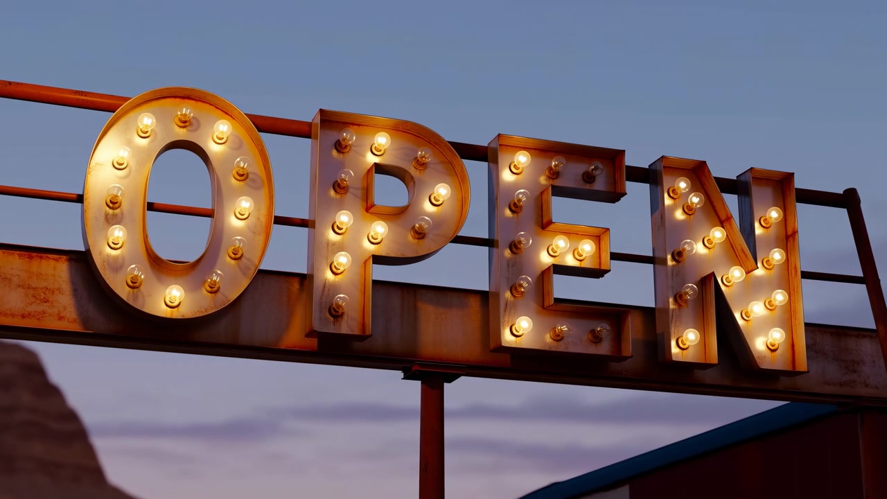 Illuminated open sign static display of the sign, in outdoor scene with a clear sky and wooden, with illuminated letters, wooden framework, with wood, metal texture, with blue, brown accents.