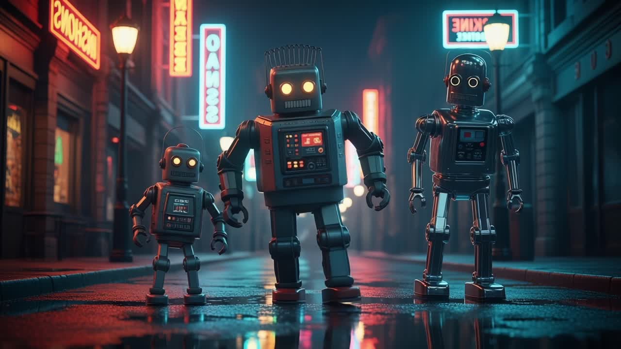 A Charming Trio of Vintage Robots Strolls Through a Neon-Lit City Street, Radiating Retro Charm and Futuristic Vibes in Amidst a Rainy Night Setting