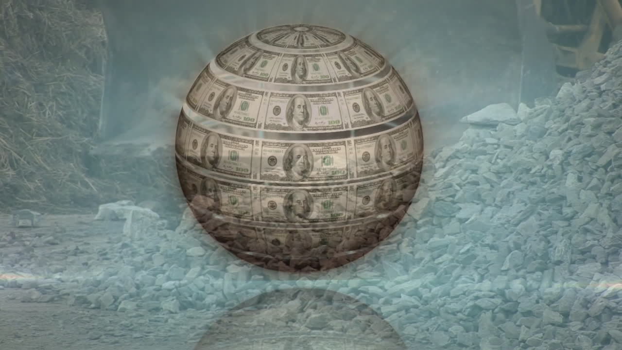 Floating dollar bill sphere over rocky landscape with cloudy sky in animation