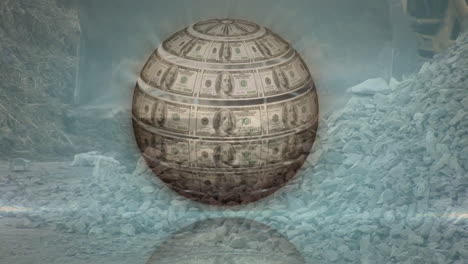 floating dollar bill sphere over rocky landscape with cloudy sky in animation