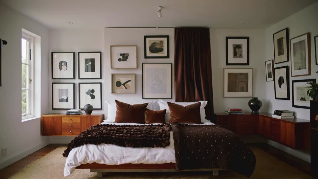 Camera slowly zooming toward centered king bed at home, showing three brown pillows and framed art