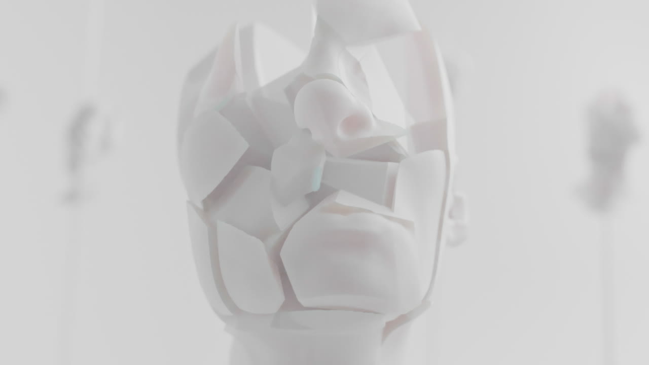 Destroyed android head on spike in white space