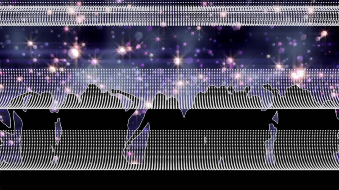 On animation start dot bands scrolling and silhouettes pulsing and fading in glitch loop