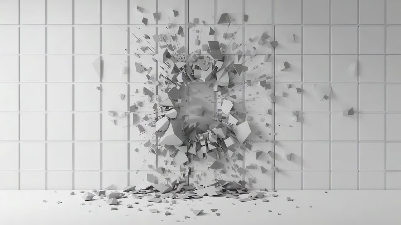 Shattering circular rupture ejecting white ceramic tile fragments at studio wall, forming rubble