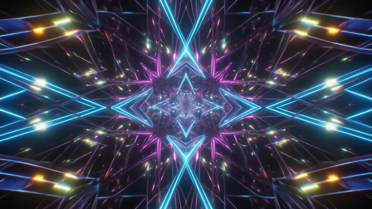 Abstract Neon Light Tunnel with Geometric Star Patterns