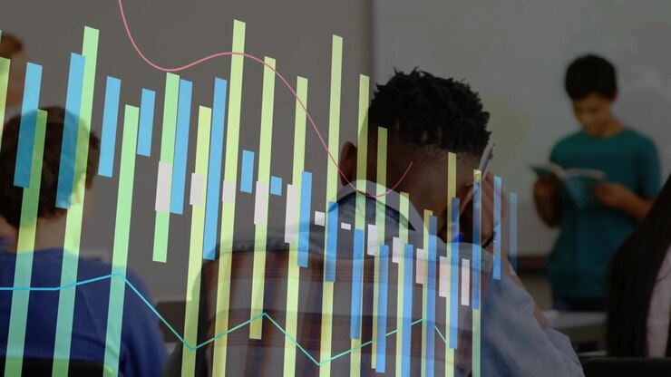 transparent bar chart animating guiding teacher gesture as student reading booklet in education