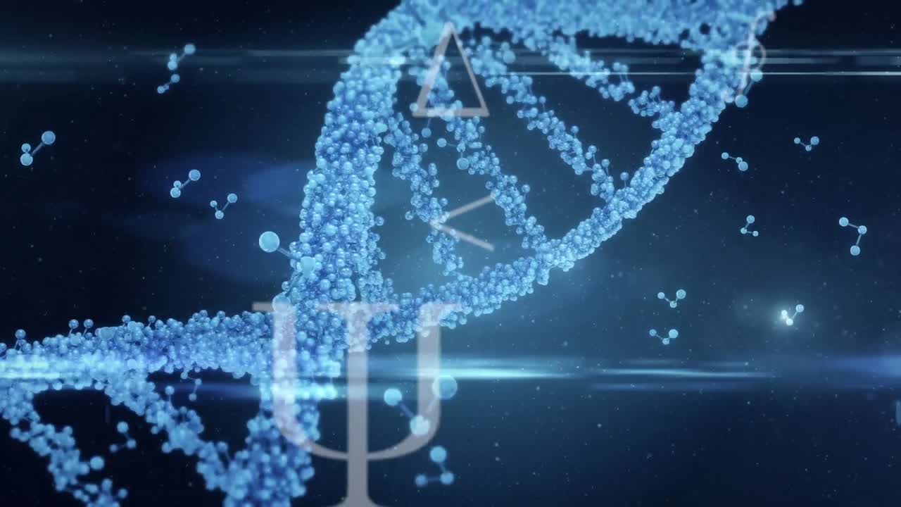 Animazione di una catena di DNA che ruota, molecole ed elaborazione di dati medici
