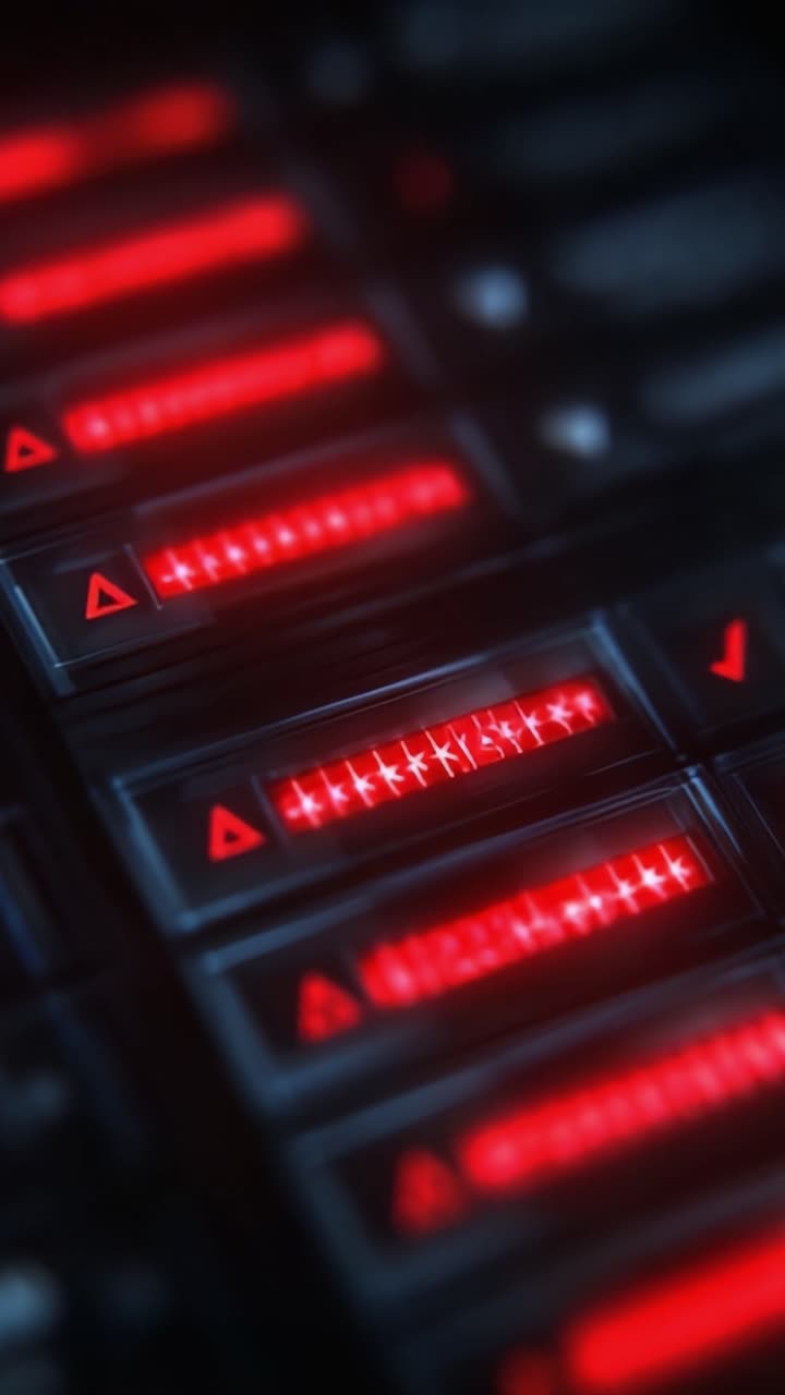 An Intricate Display of Status Indicators: A Close-Up View of Illuminated Red LEDs Signifying Various Signals and States in a Complex Electronic System