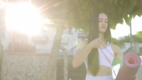 a beautiful girl holding a fitness mat against the background of sunlight sports girl on fitness a beautiful girl holding a fitness mat against the background of sunlight sports girl on fitness training healthy lifestyle