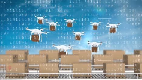 Animation-of-drones-holding-cardboard-boxes-with-cardboard-boxes-lying-on-conveyor-belts