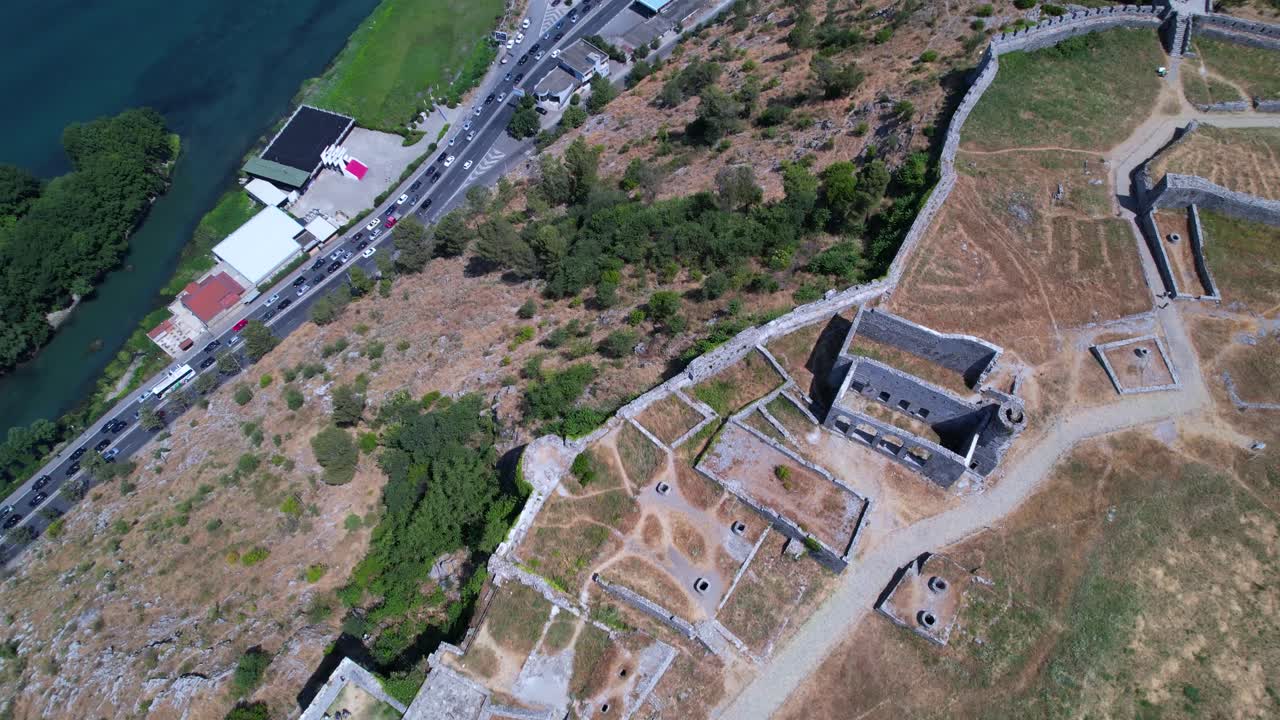Drone flies over Rozafa Castle near Skodra in Albania