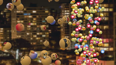 animación de varios emojis sobre el paisaje urbano