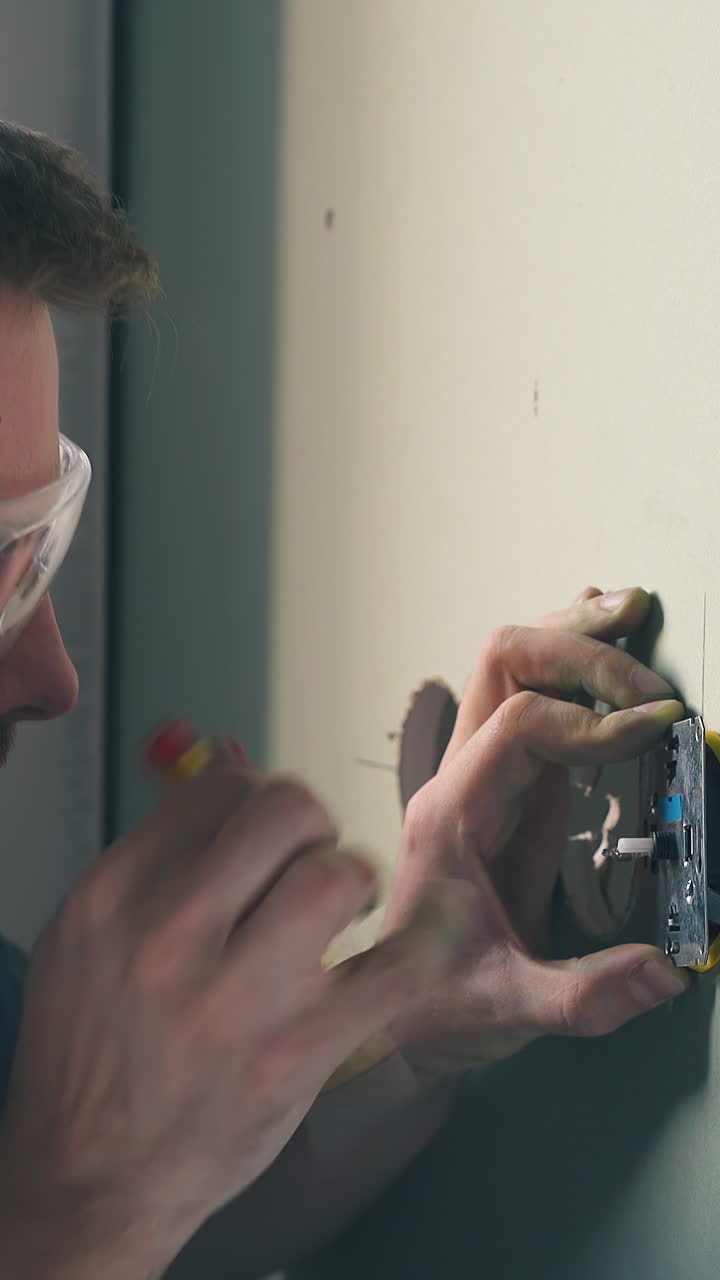 CU, Dolly cam: nervous young man in protective goggles and blue shirt repairs plug on wall with screwdriver in light room