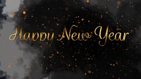 Animation-of-happy-new-year-text-over-spots-and-clouds-in-sky