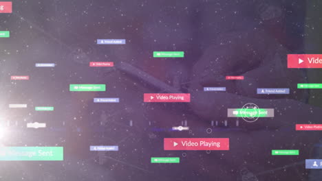 animación de la red de conexiones con iconos sobre la persona que utiliza el teléfono inteligente