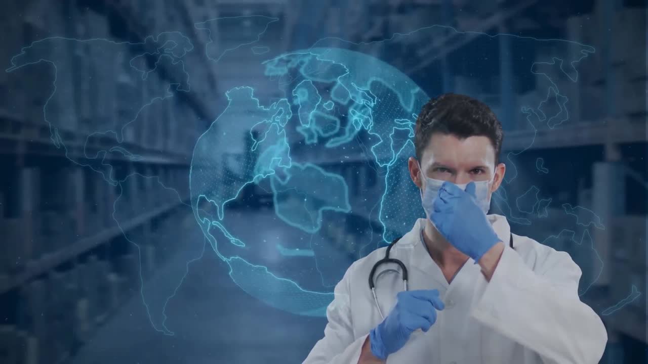 Animation of spinning globe over caucasian male doctor wearing face mask