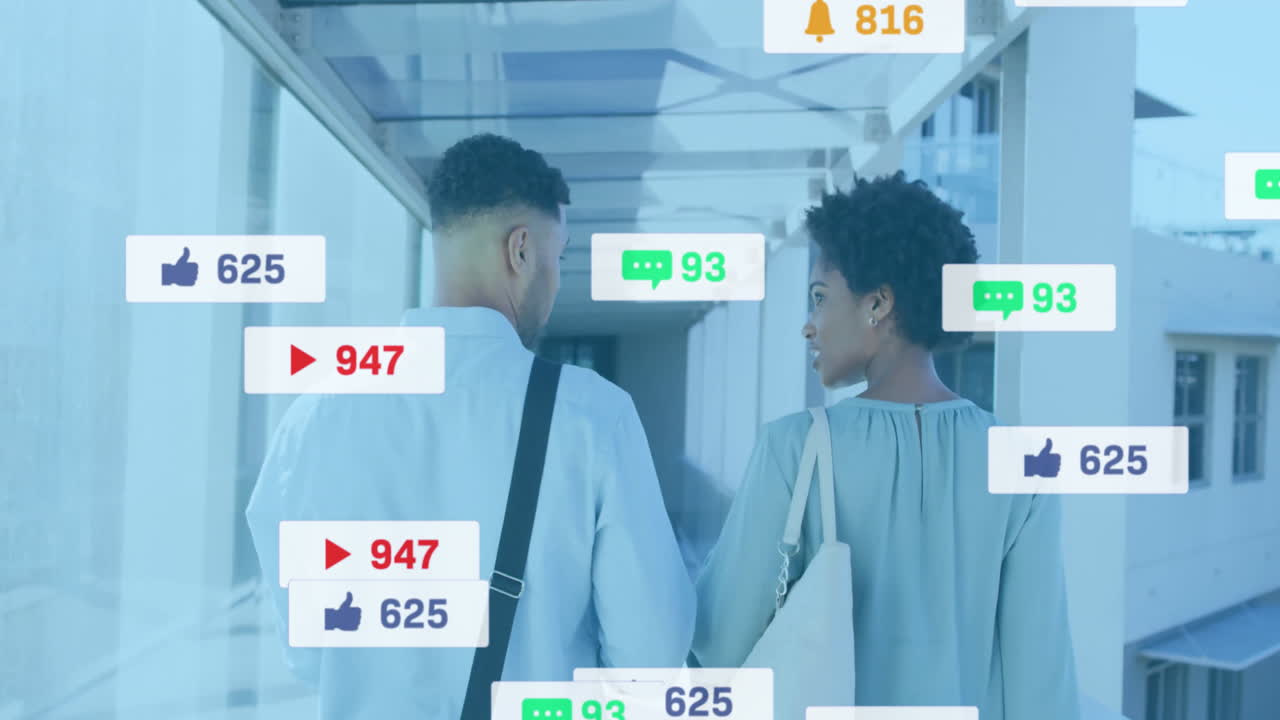 Two colleagues walking corridor, showcasing floating social media counters for tech marketing