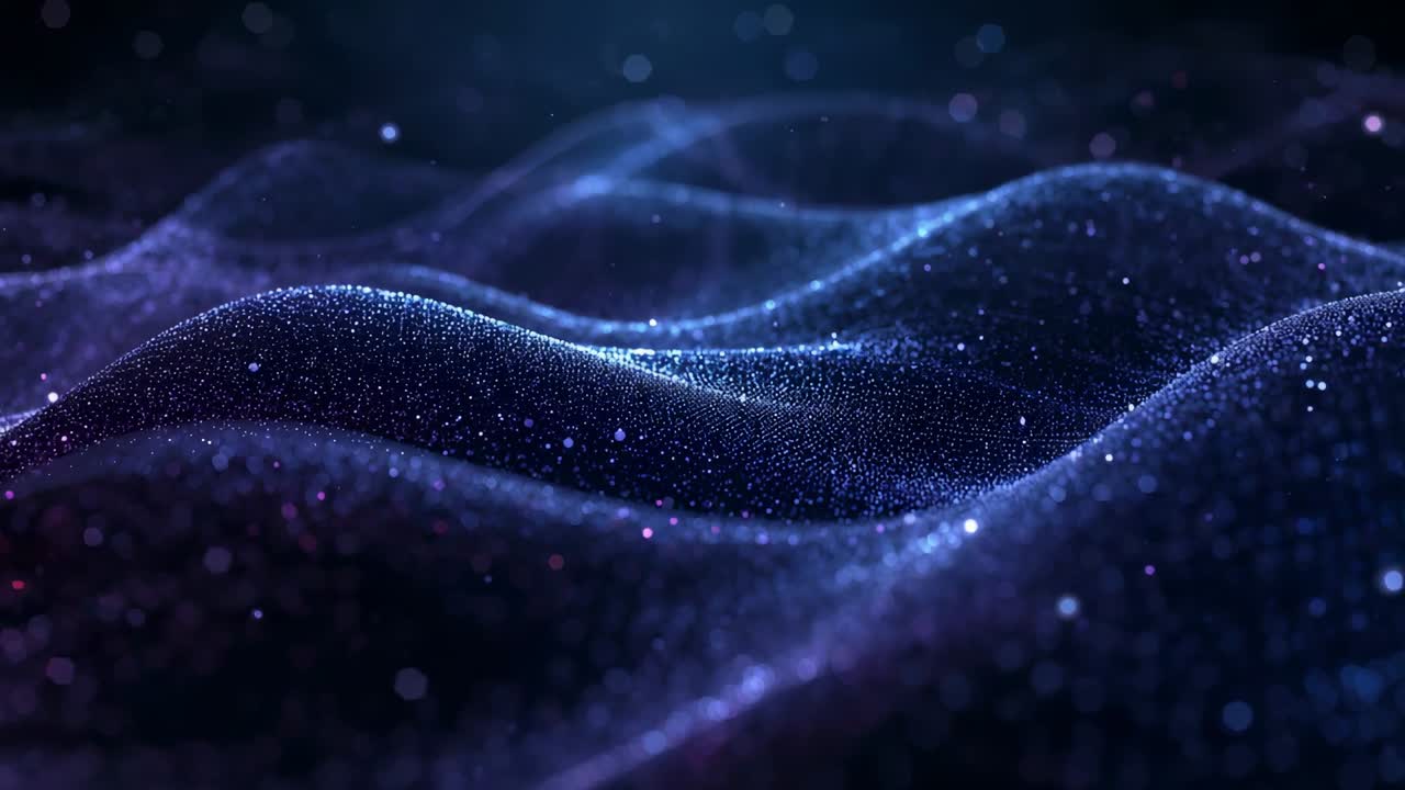 Playing back particle field undulating in CGI void, evoking living landscape with glowing streaks