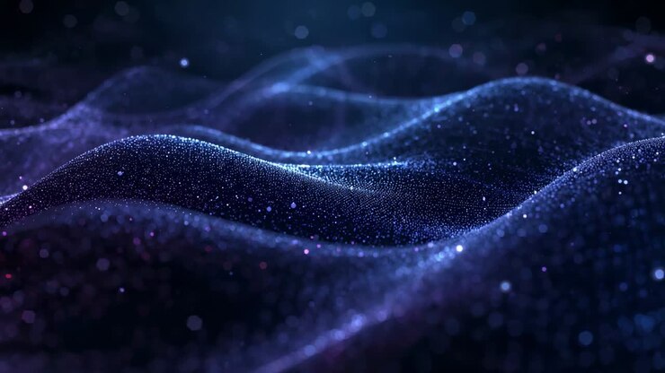 Playing back particle field undulating in CGI void, evoking living landscape with glowing streaks