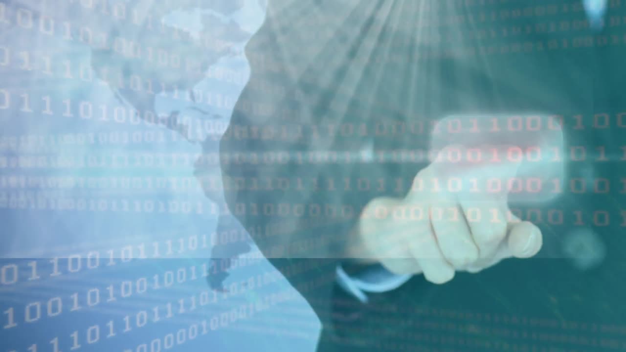 백인 사업가 여성이 바이너리 코딩으로 인터랙티브 화면을 만지는 애니메이션